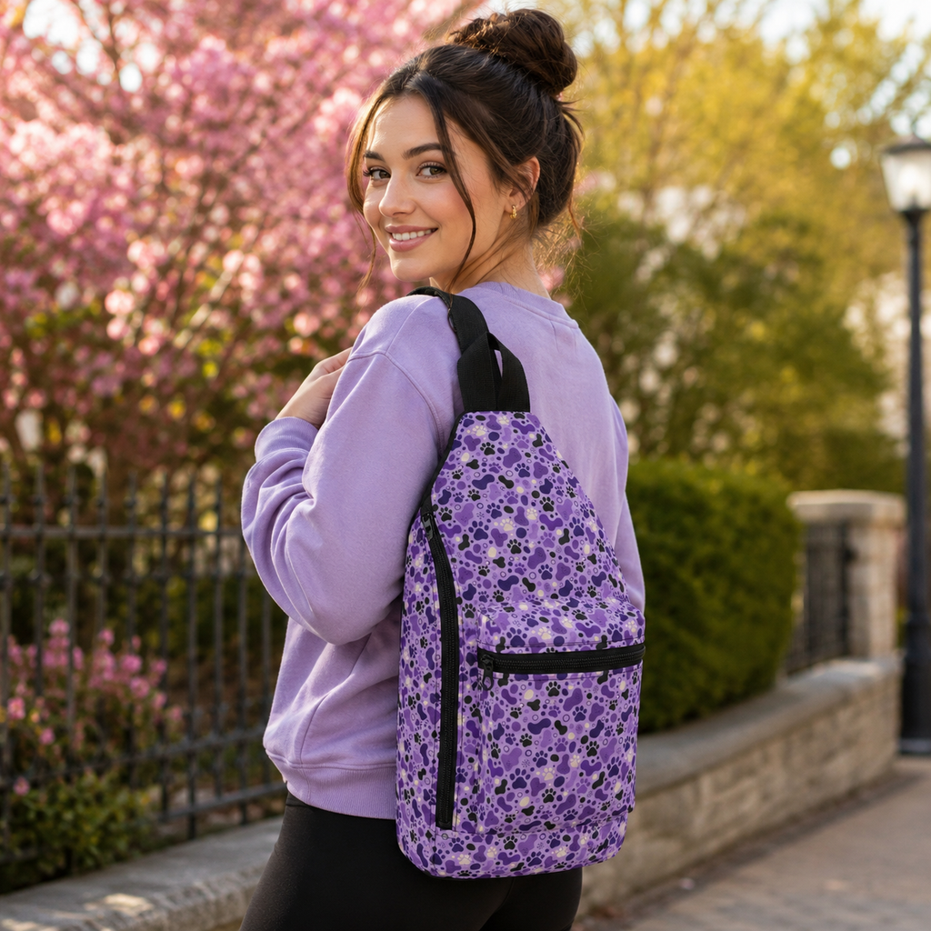 Purple Cat Paw Sling Bag | Abstract Paw Print Crossbody Backpack