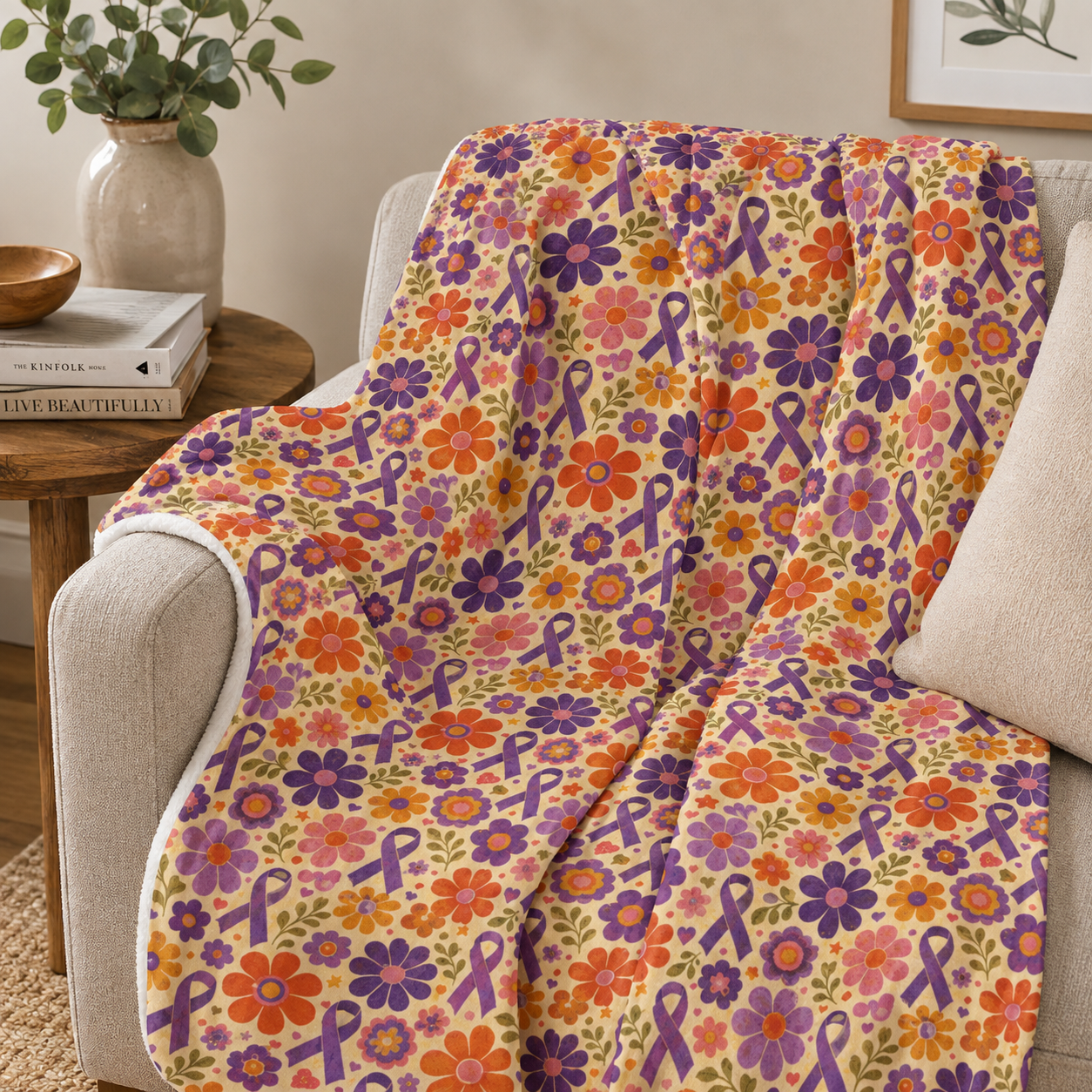 Retro Floral Epilepsy Awareness Plush Blanket | Purple Ribbon Throw