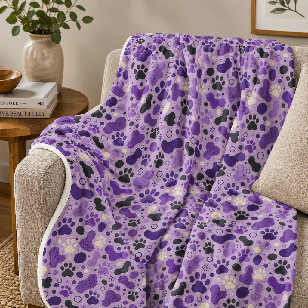 Purple Paw Print Plush Blanket | Cat & Dog Lover Cozy Throw Blanket