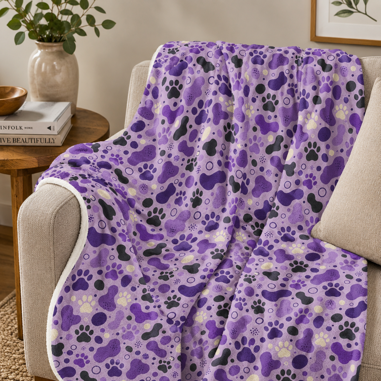 Purple Paw Print Plush Blanket | Cat & Dog Lover Cozy Throw Blanket
