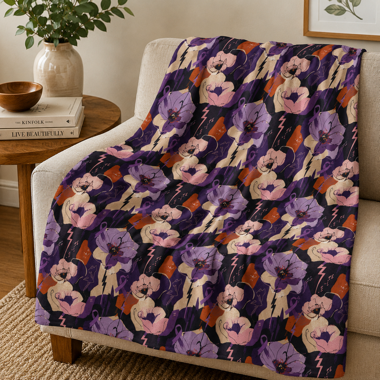 Epilepsy Awareness Floral Plush Blanket | Purple Ribbon Throw Blanket
