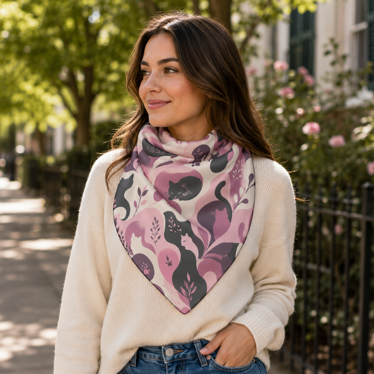 Whimsical Cat Scarf | Pink & Mauve Abstract Cat Square Scarf