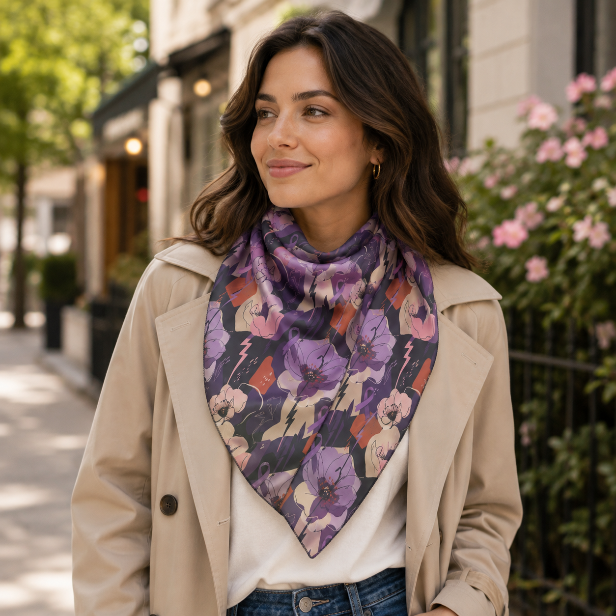 Epilepsy Awareness Floral Scarf | Purple Ribbon Square Scarf