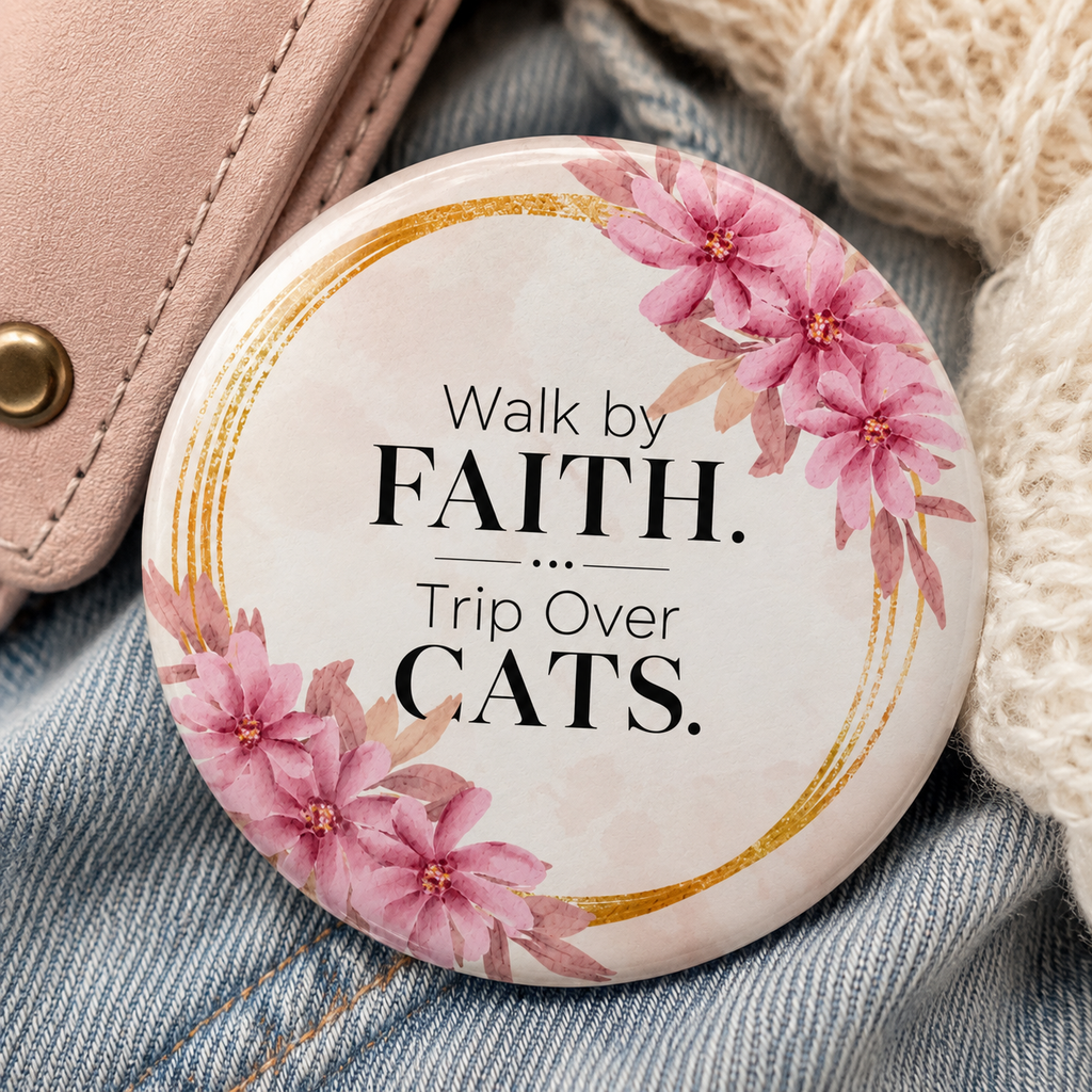 Walk by Faith. Trip Over Cats. Pinback Button - Christian Cat Lover Pin
