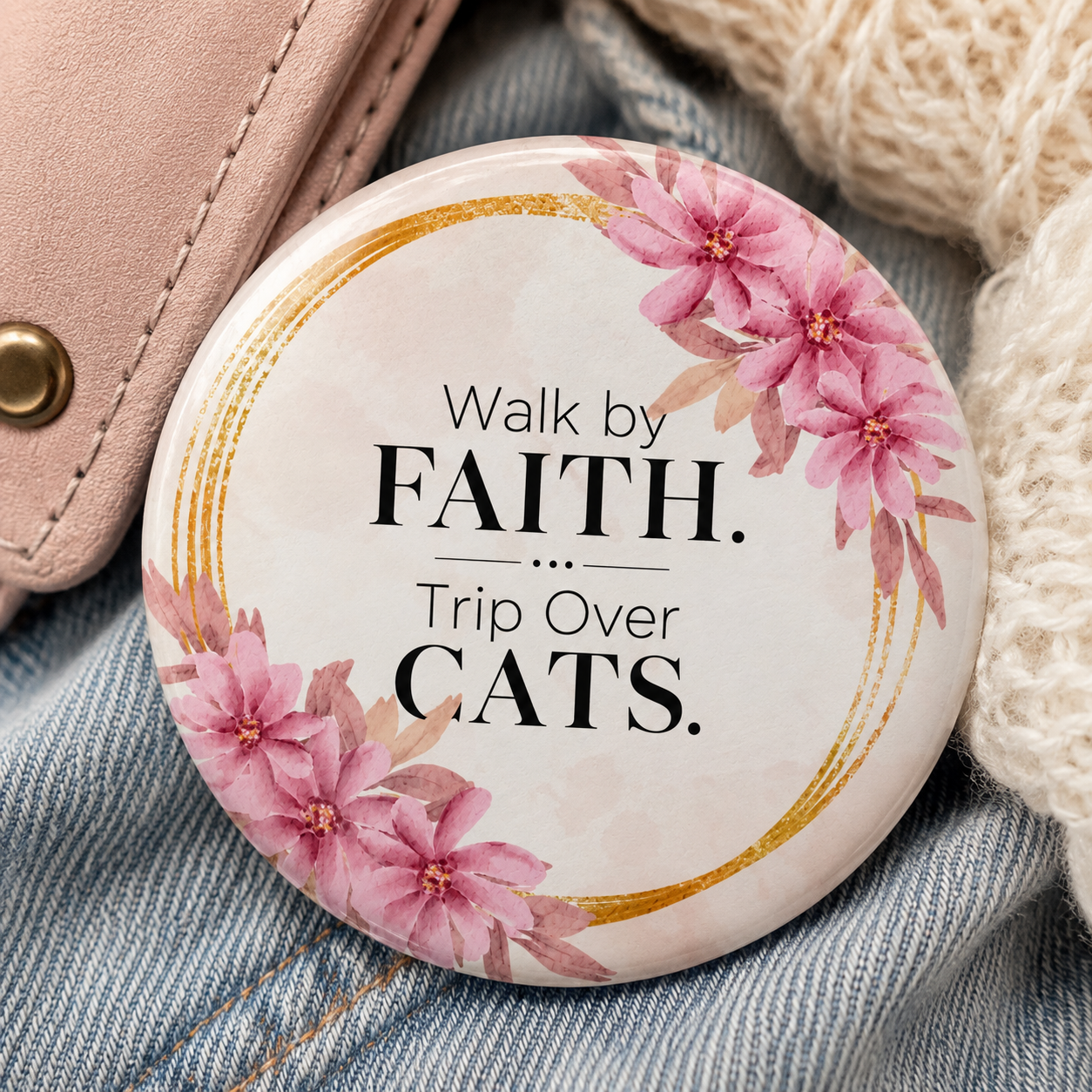 Walk by Faith. Trip Over Cats. Pinback Button - Christian Cat Lover Pin