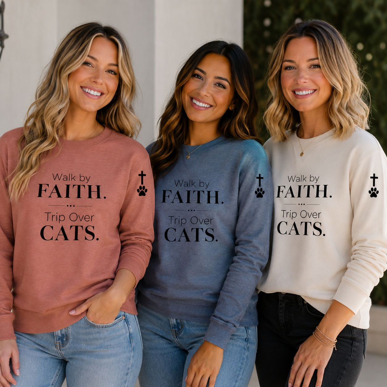 Walk by Faith. Trip Over Cats. Lightweight Crewneck Sweatshirt