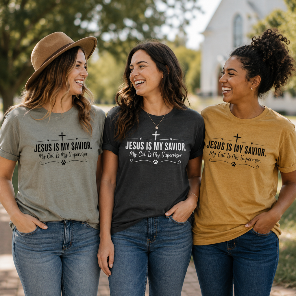Jesus Is My Savior. My Cat Is My Supervisor. Vintage- Style T-Shirt