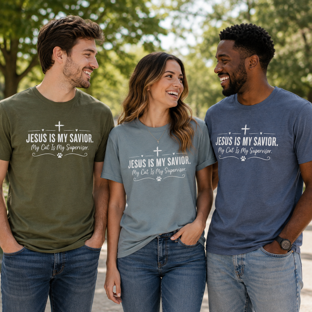 Jesus Is My Savior. My Cat Is My Supervisor. Vintage- Style T-Shirt