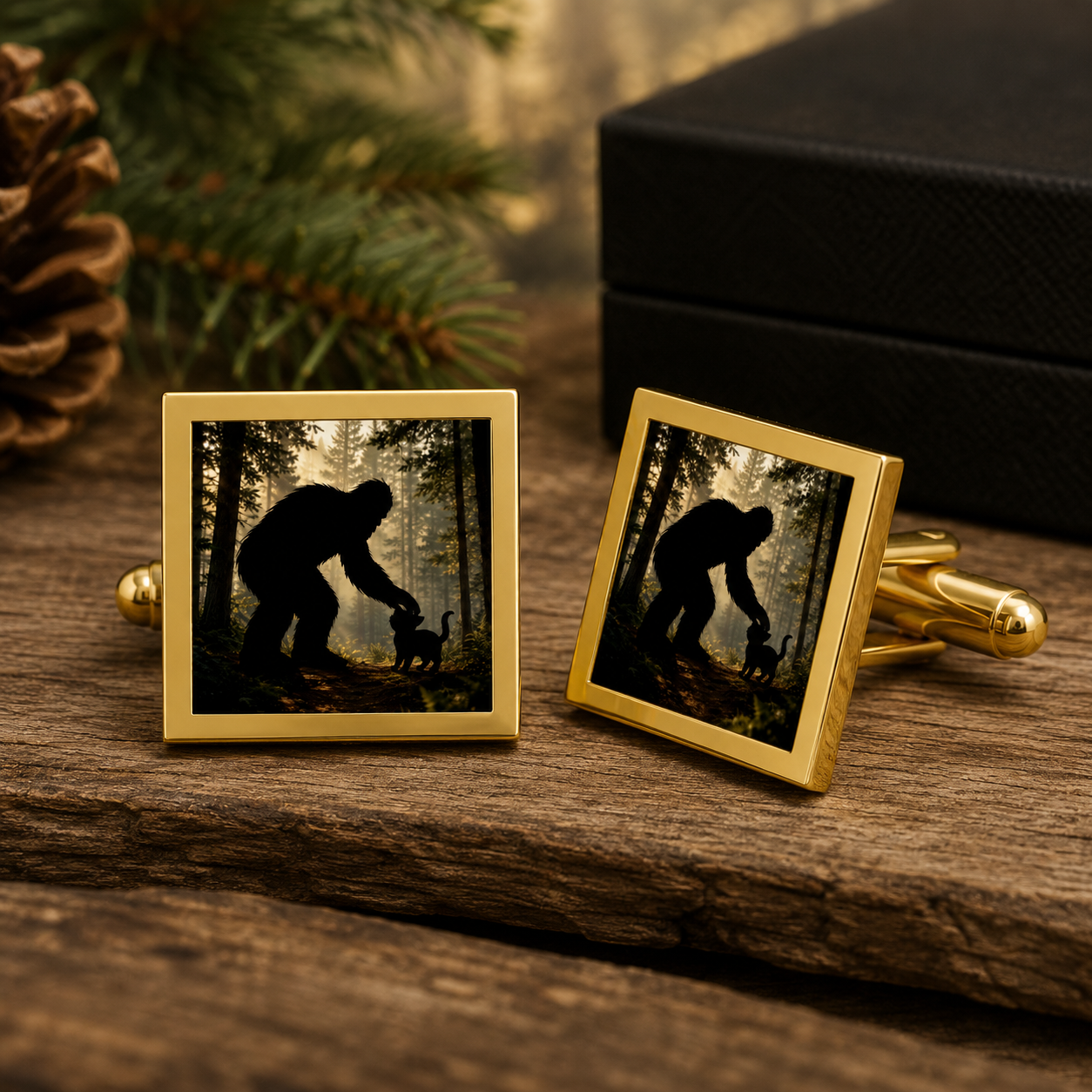 Bigfoot & Kitty Forest Cufflinks — Novelty Sasquatch Gift for Men