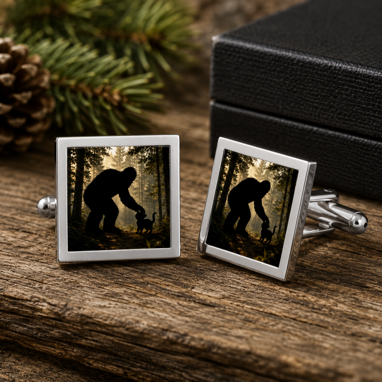 Bigfoot & Kitty Forest Cufflinks — Novelty Sasquatch Gift for Men