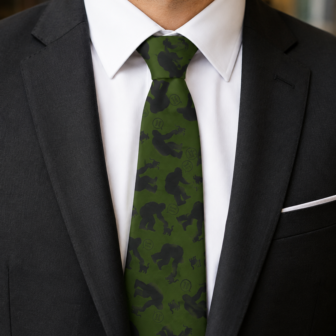 Bigfoot & Kitty Pattern Necktie | Cryptid Style With a Soft Spot for Cats