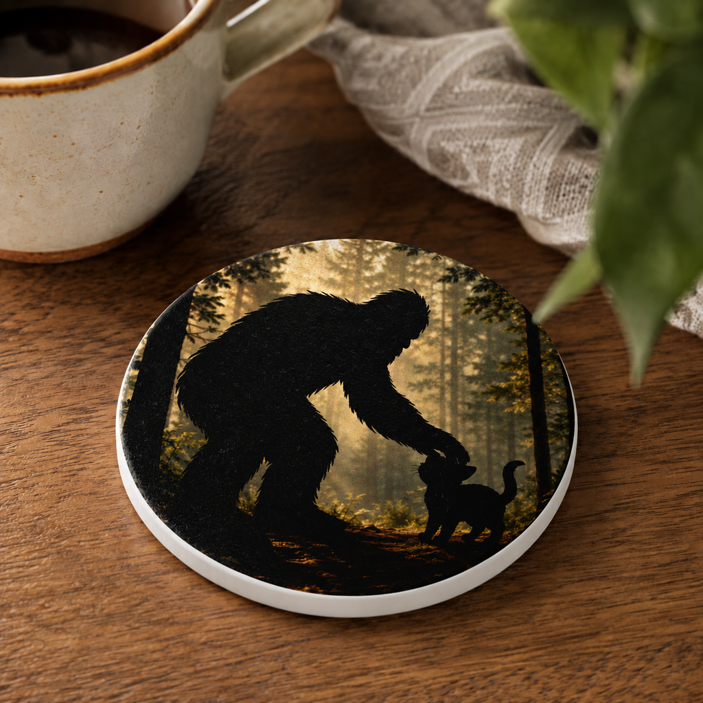 Bigfoot & Cat Ceramic Coaster — Forest Sasquatch Silhouette Drink Mat