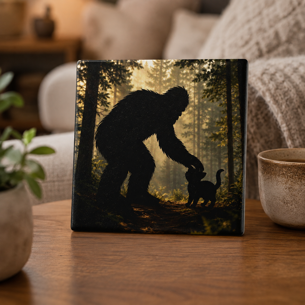 Bigfoot & Cat Ceramic Coaster — Forest Sasquatch Silhouette Drink Mat