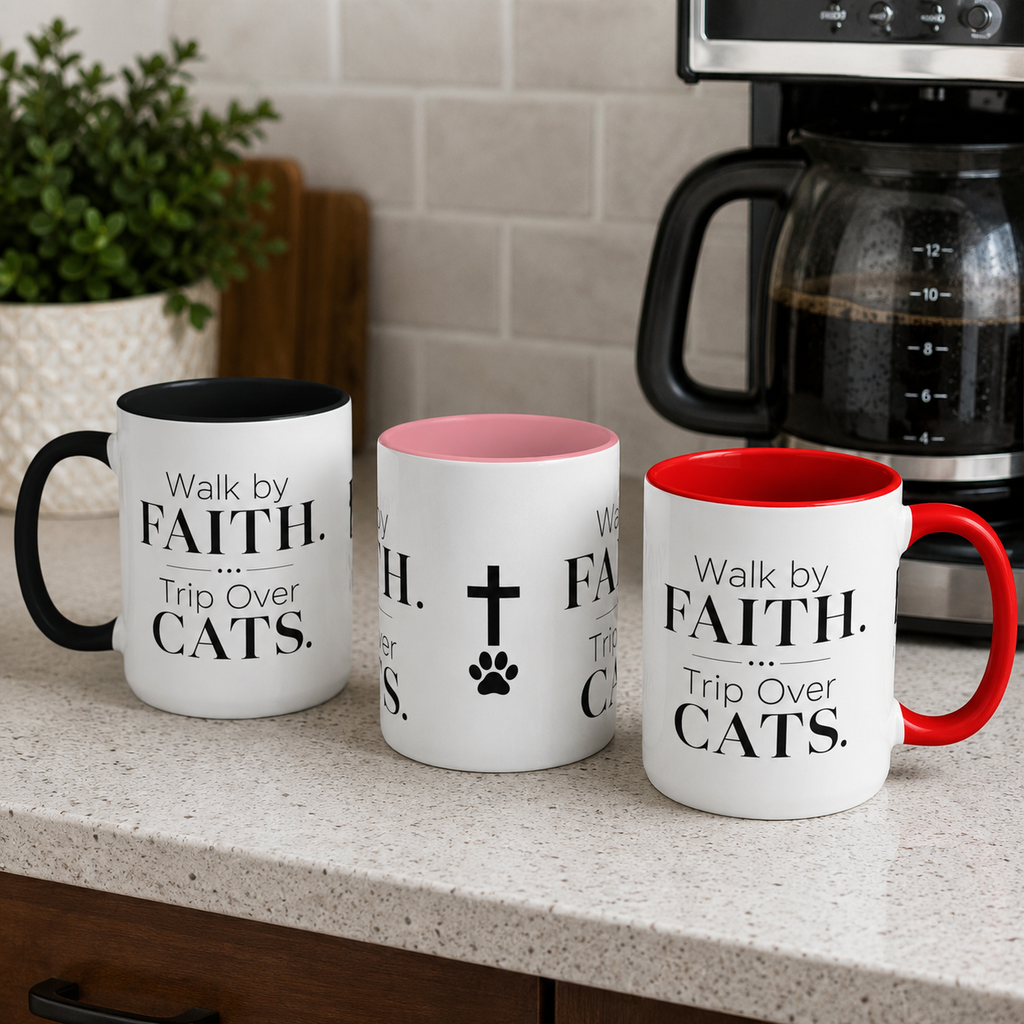 Walk by Faith, Trip Over Cats Accent Mug