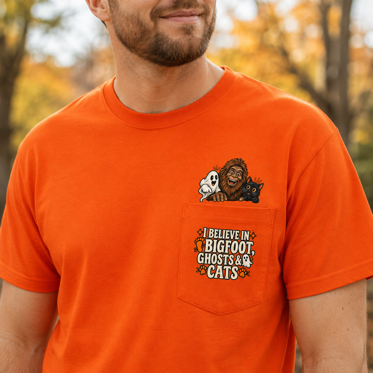 I Believe in Bigfoot, Ghosts & Cats Pocket T-Shirt