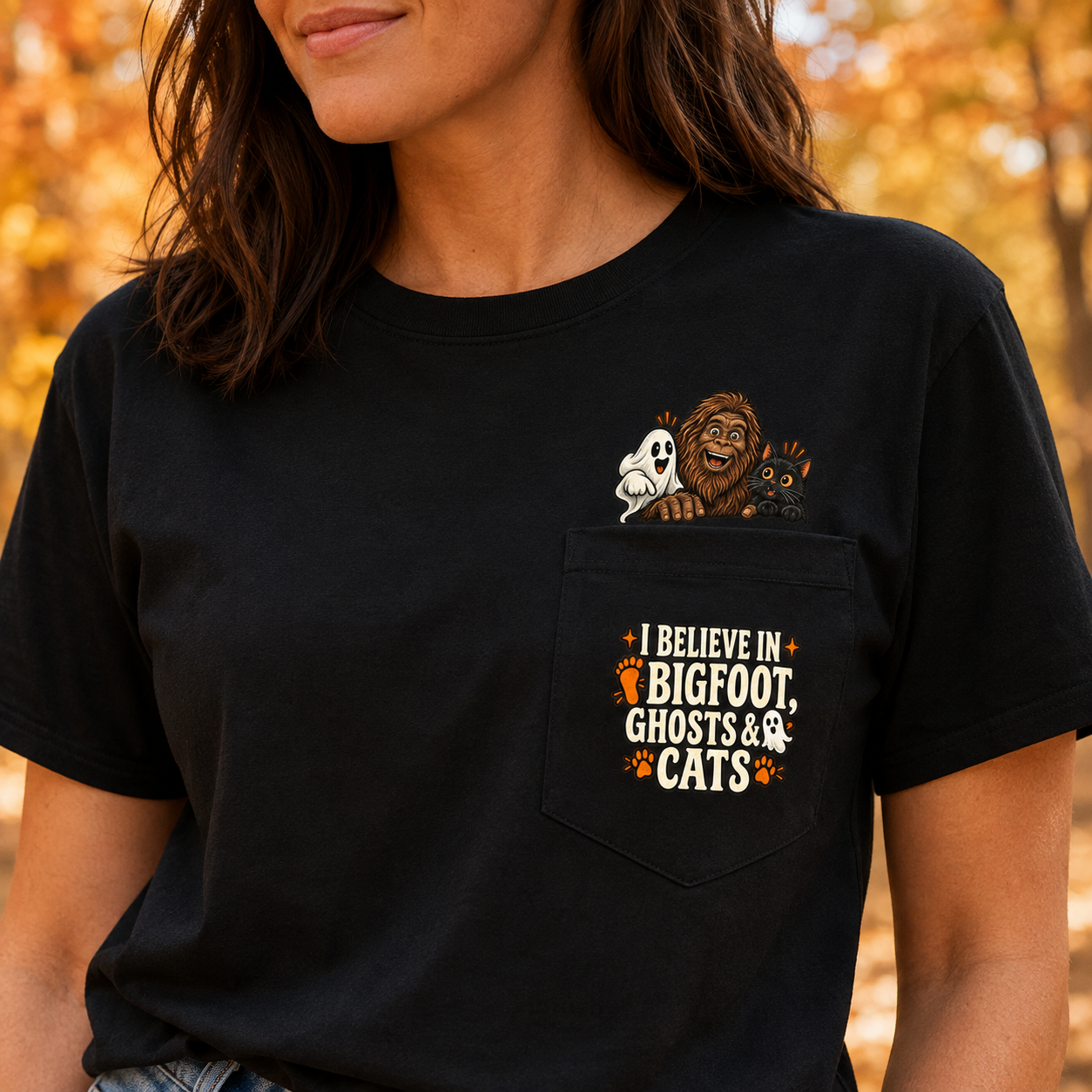 I Believe in Bigfoot, Ghosts & Cats Pocket T-Shirt