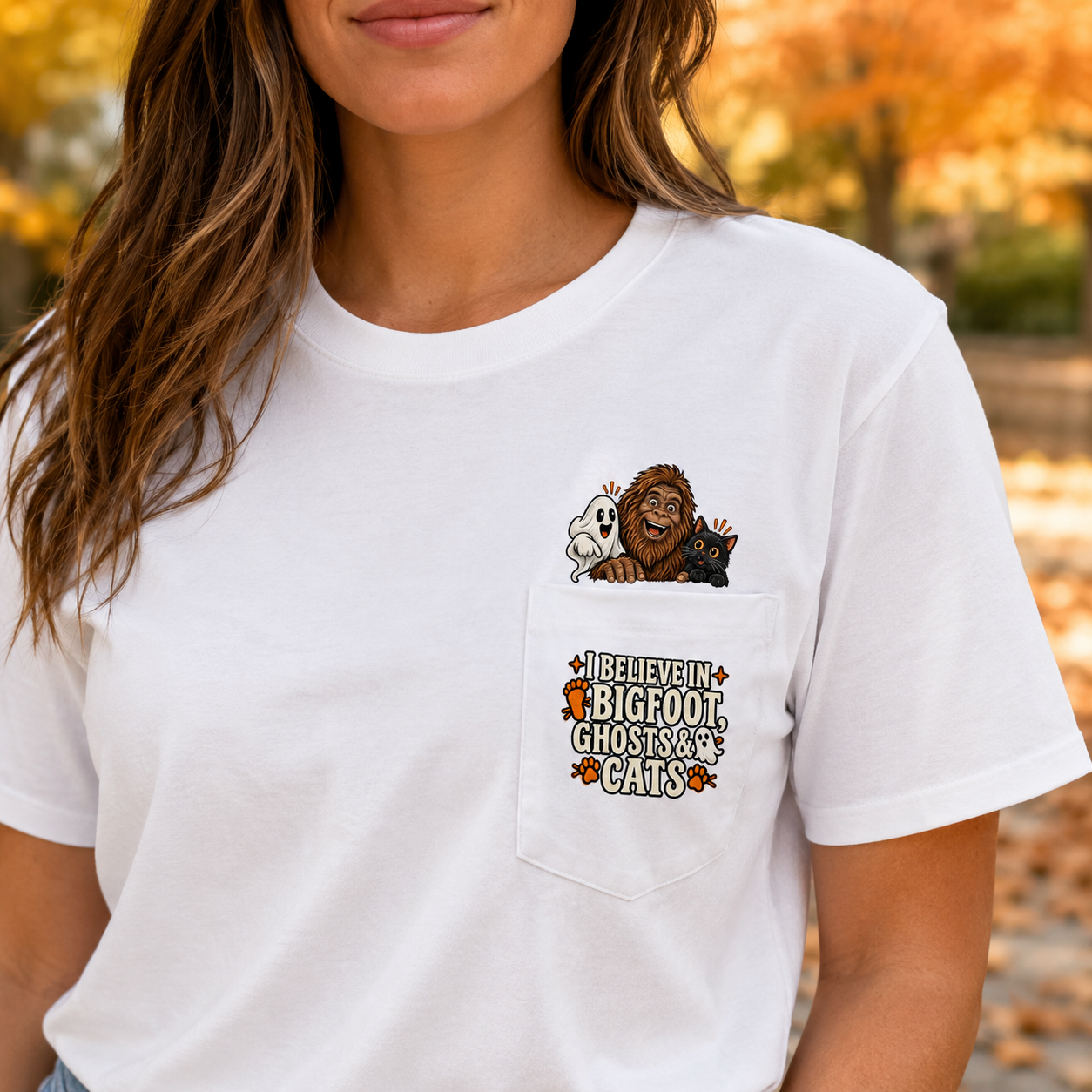 I Believe in Bigfoot, Ghosts & Cats Pocket T-Shirt