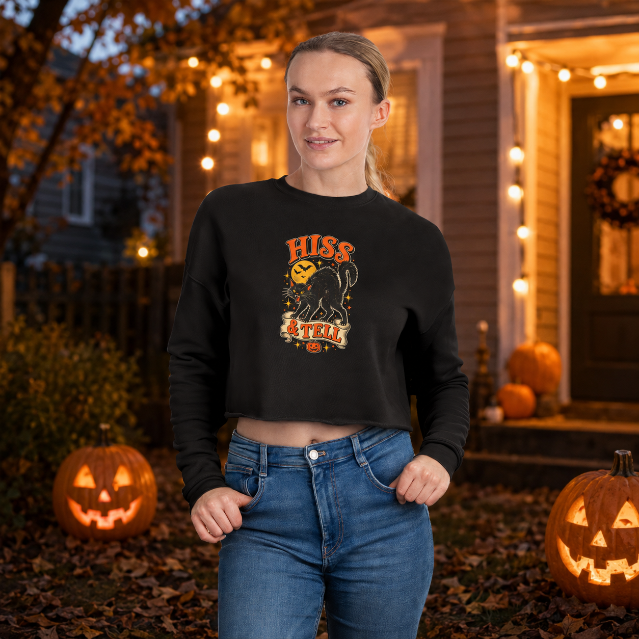 Hiss & Tell Vintage Halloween Cat Cropped Sweatshirt