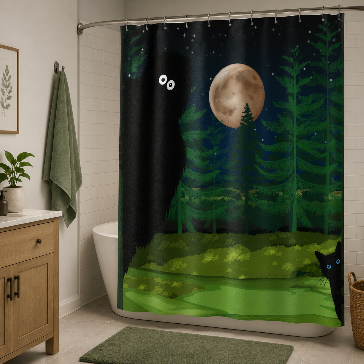 Bigfoot & Cat Midnight Forest Shower Curtain