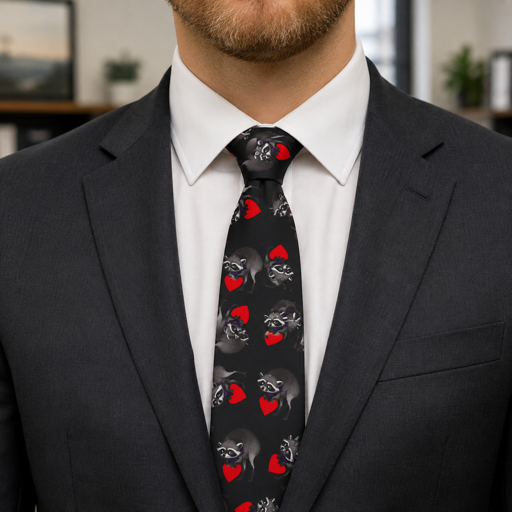 Jimothy Heartbreaker Slim Necktie | Black Raccoon and Red Heart Tie