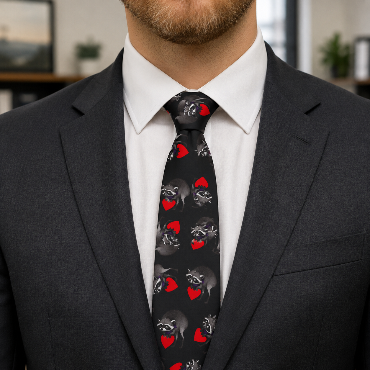 Jimothy Heartbreaker Slim Necktie | Black Raccoon and Red Heart Tie