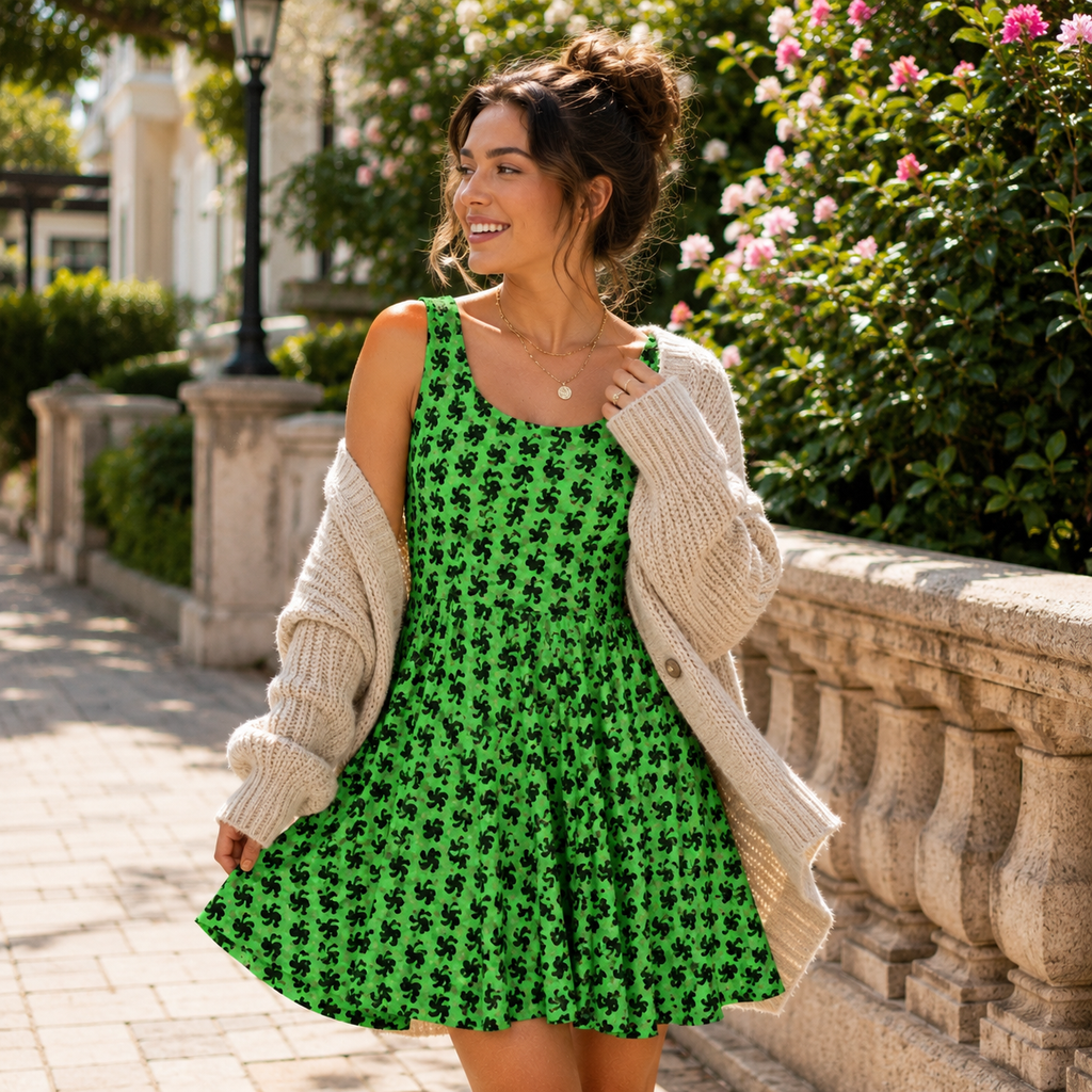 Sasquatch & Kitty Skater Dress – Green Cryptid Cat Dress
