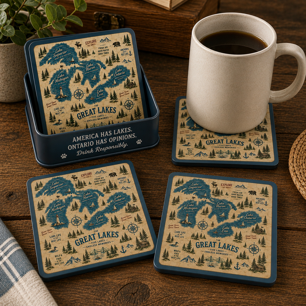 Great Lakes Vintage Map Coaster Set | Lake Ontario / Lake America Conversation Coasters