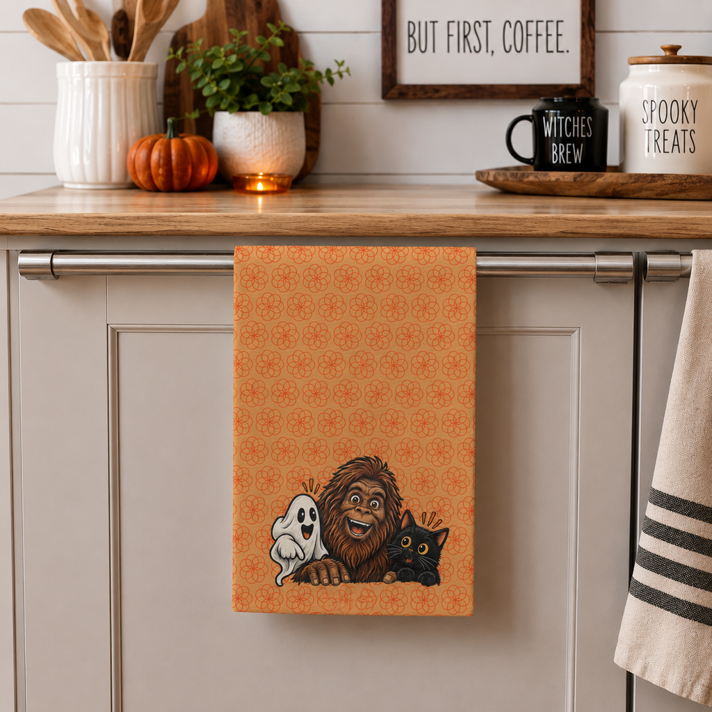 Bigfoot, Boo & Black Cat Halloween Tea Towel