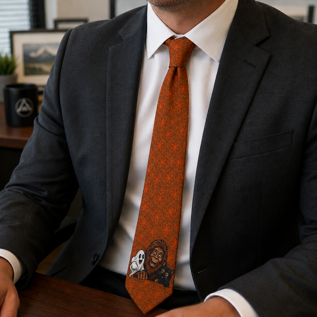 Bigfoot, Ghost & Black Cat Halloween Necktie | Cryptid Halloween Tie