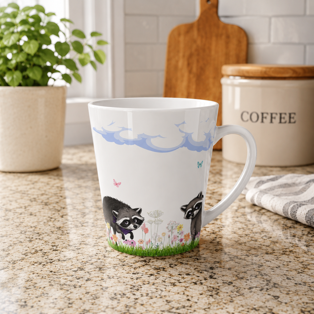 Jimothy’s Wildflower Morning 12 oz Latte Mug – Whimsical Raccoon Coffee Cup