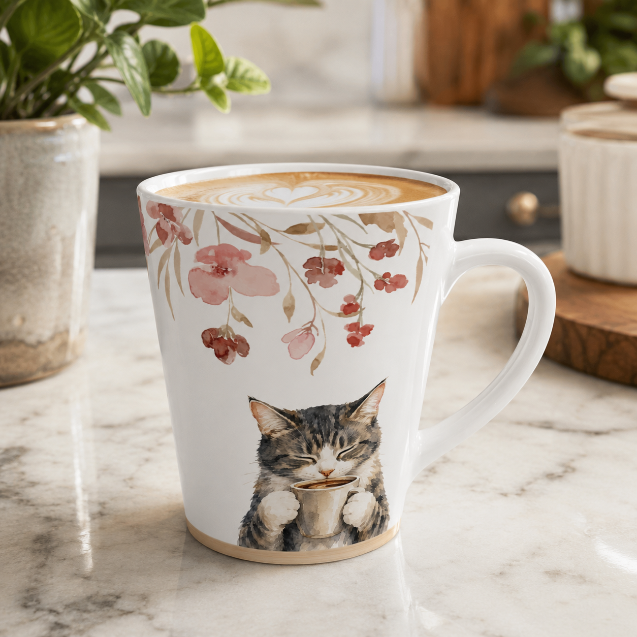 Cozy Coffee Cats Watercolor Latte Mug, 12 oz Ceramic Cat Mug