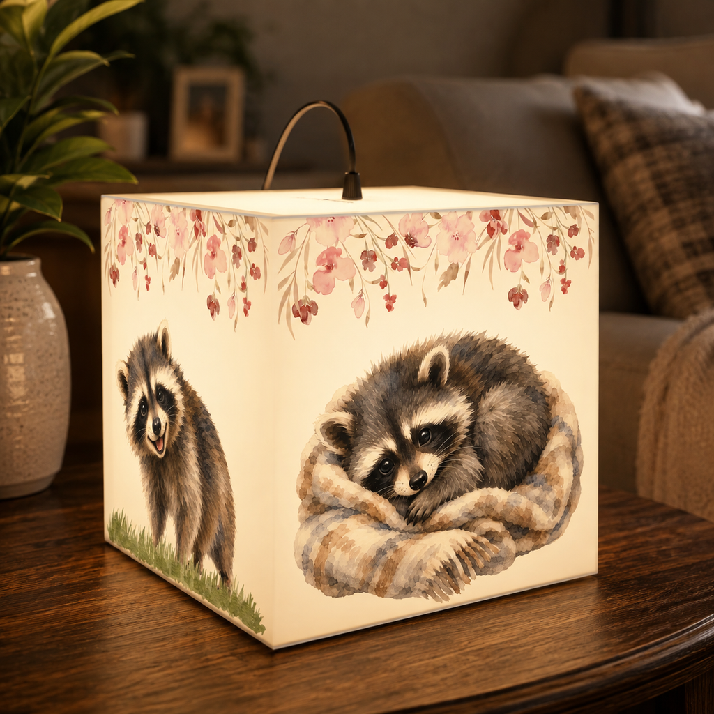 Jimothy Mood Collection Cube Lamp – Curious, Cozy, Unbothered & Happy Watercolor Raccoon Light