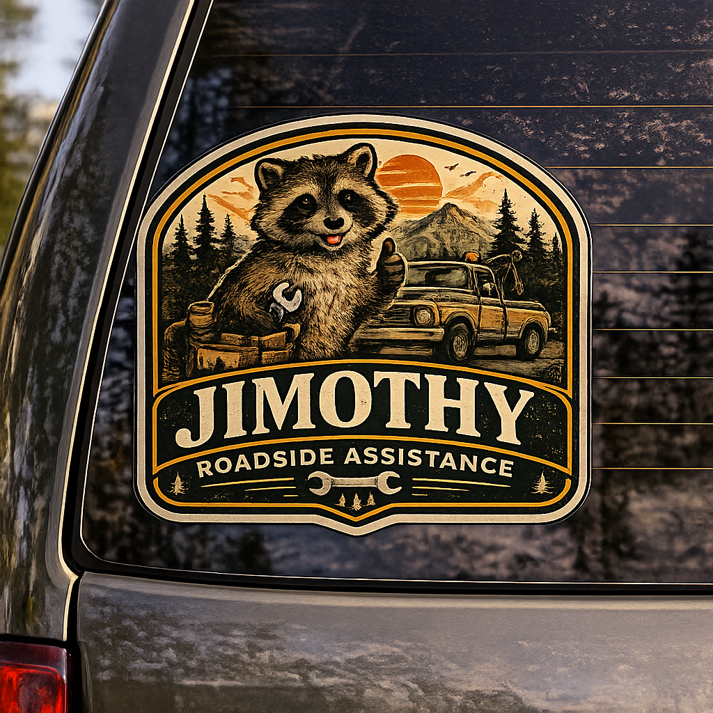 Jimothy Roadside Assistance Auto Decal | Transparent Weatherproof Raccoon Sticker