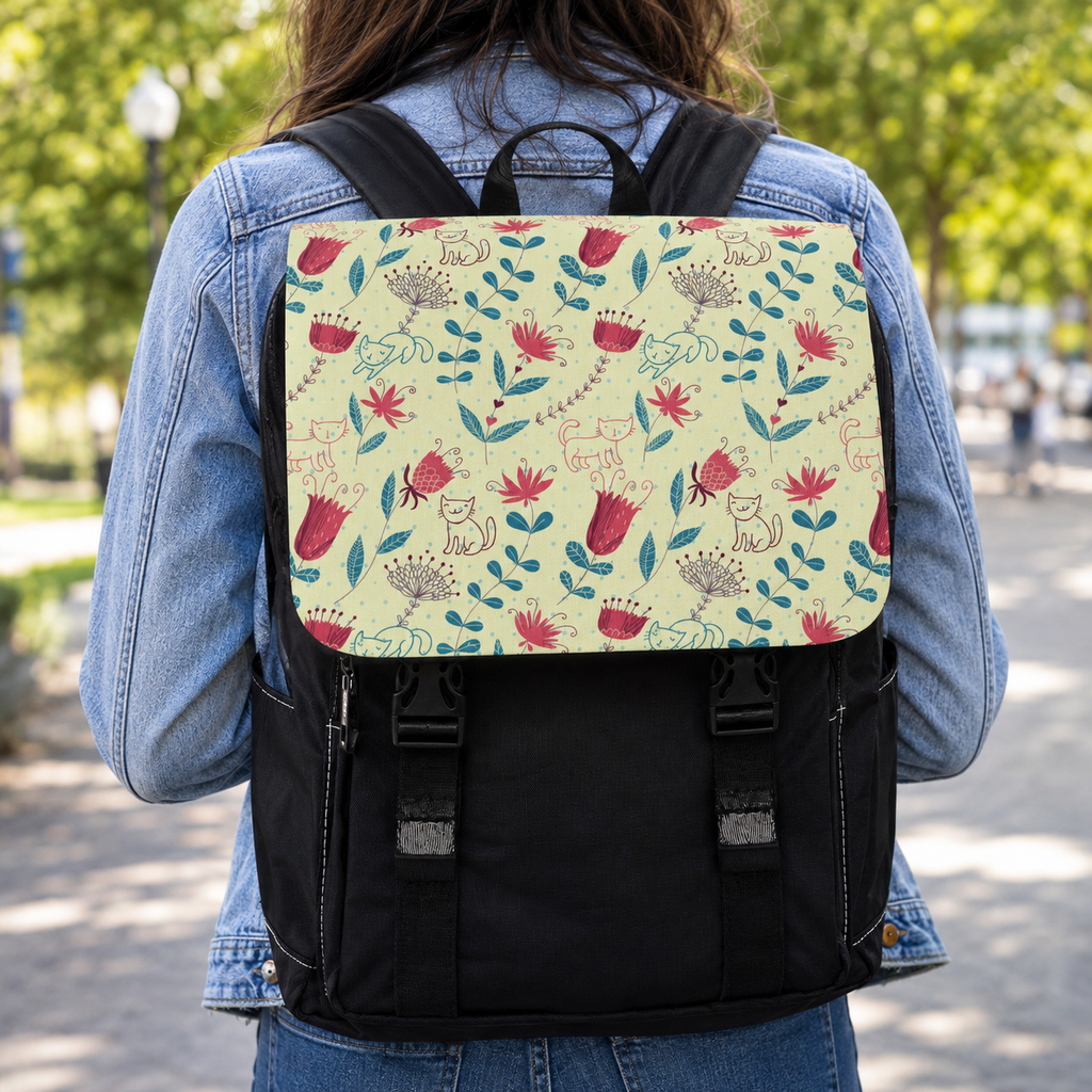 Whimsical Cats & Wildflowers Canvas Shoulder Backpack