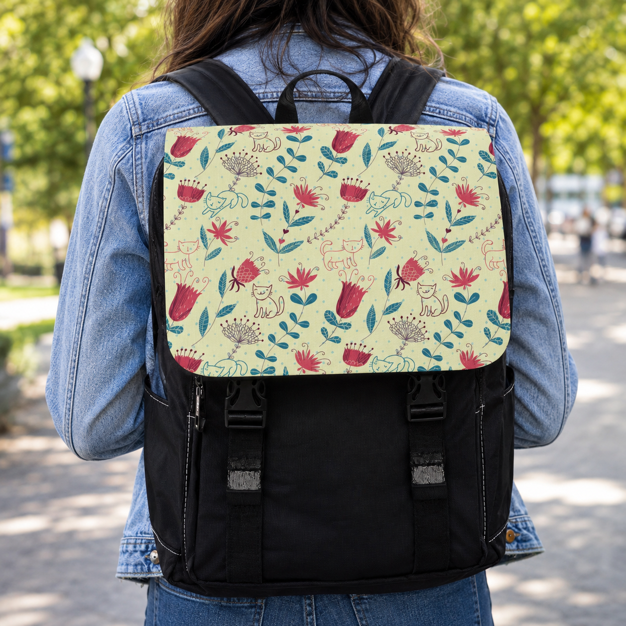 Whimsical Cats & Wildflowers Canvas Shoulder Backpack