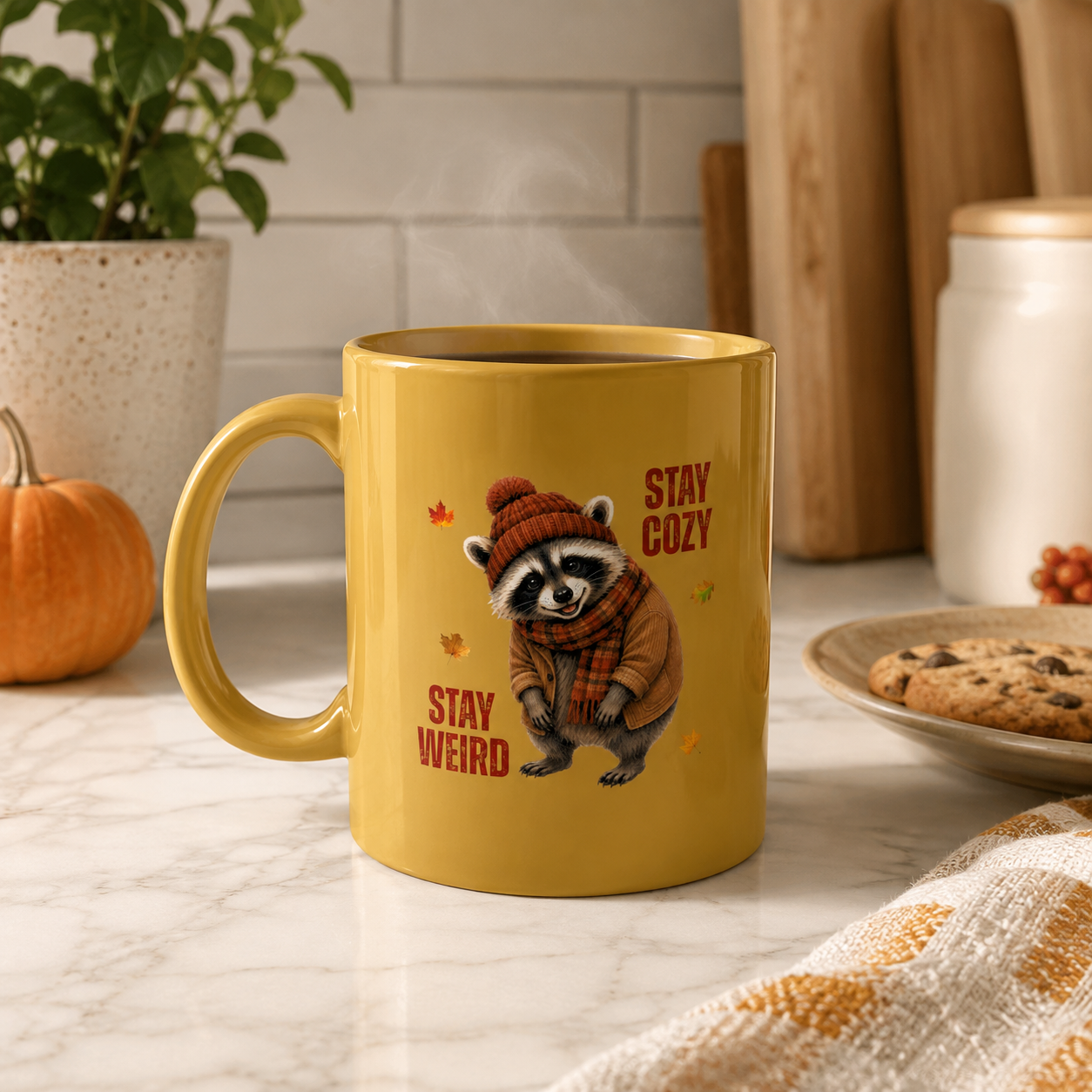 Jimothy “Stay Cozy, Stay Weird” Fall Raccoon Mug, 11 oz