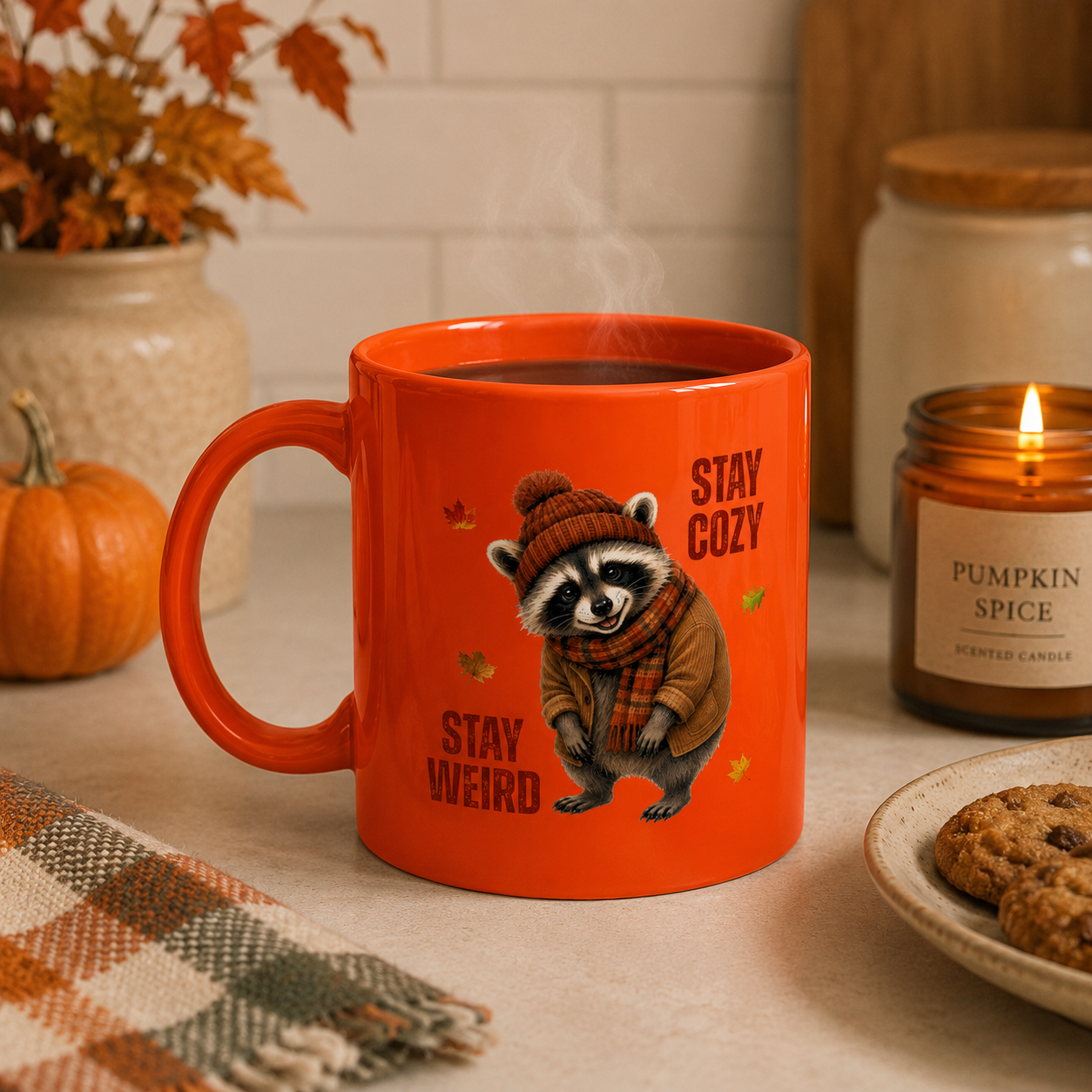Jimothy “Stay Cozy, Stay Weird” Fall Raccoon Mug, 11 oz