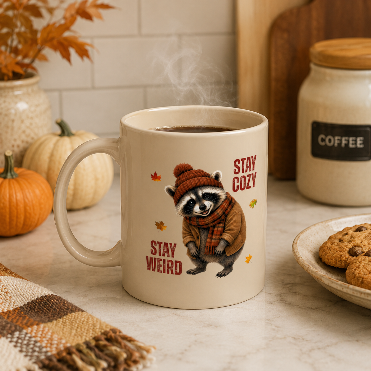 Jimothy “Stay Cozy, Stay Weird” Fall Raccoon Mug, 11 oz