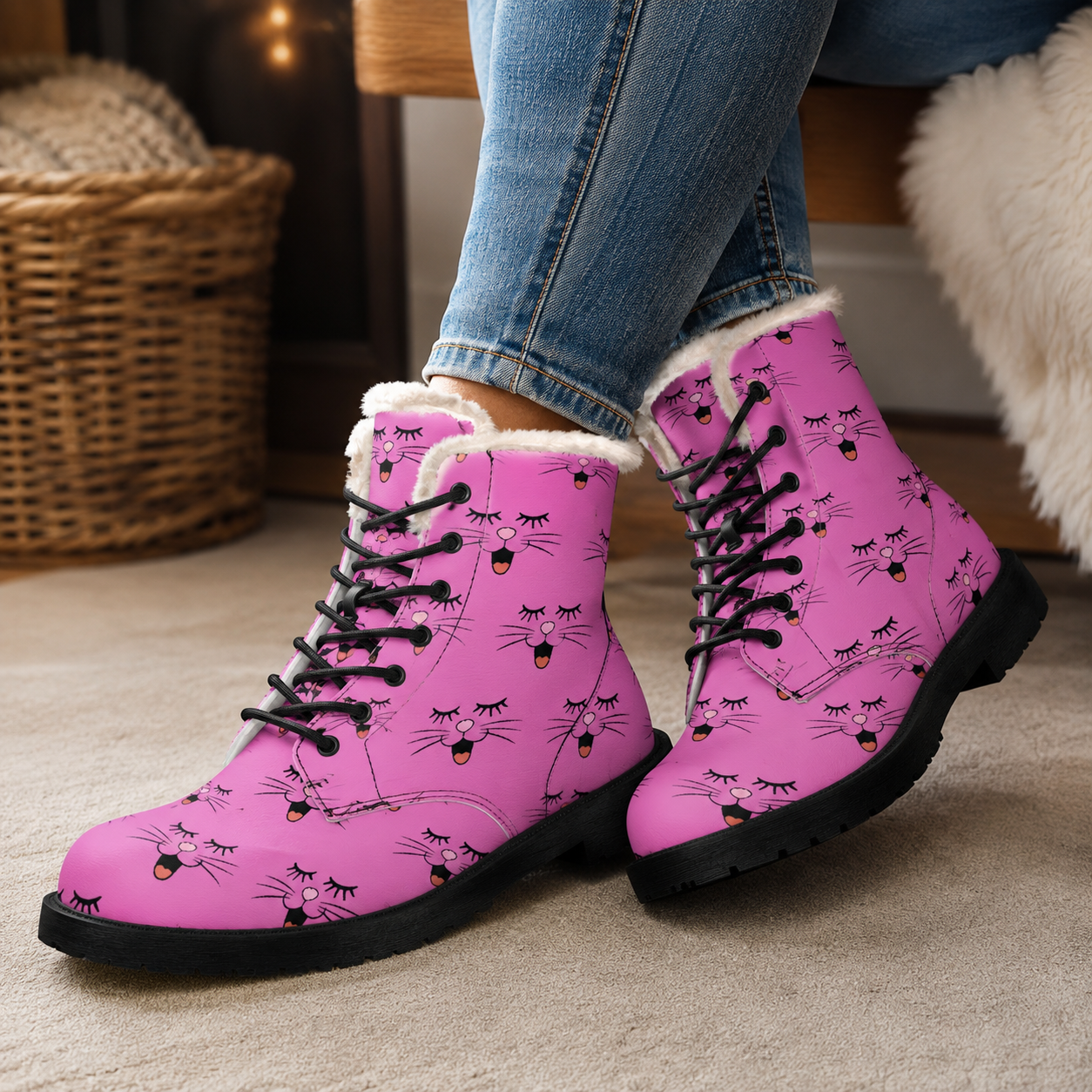 Cat Face Fur-Lined Vegan Leather Winter Boots for Women