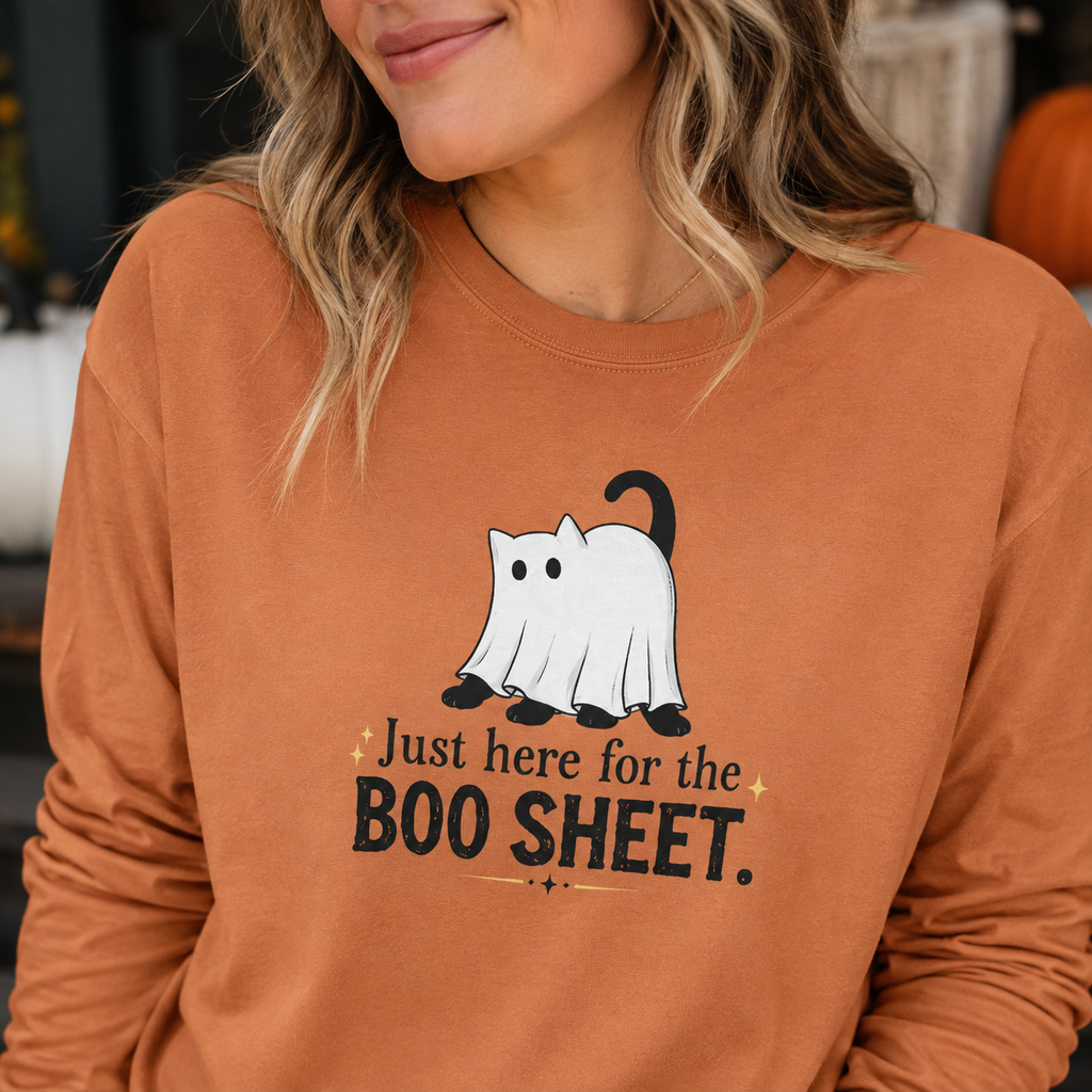 Just Here for the Boo Sheet Halloween Cat Long Sleeve Shirt