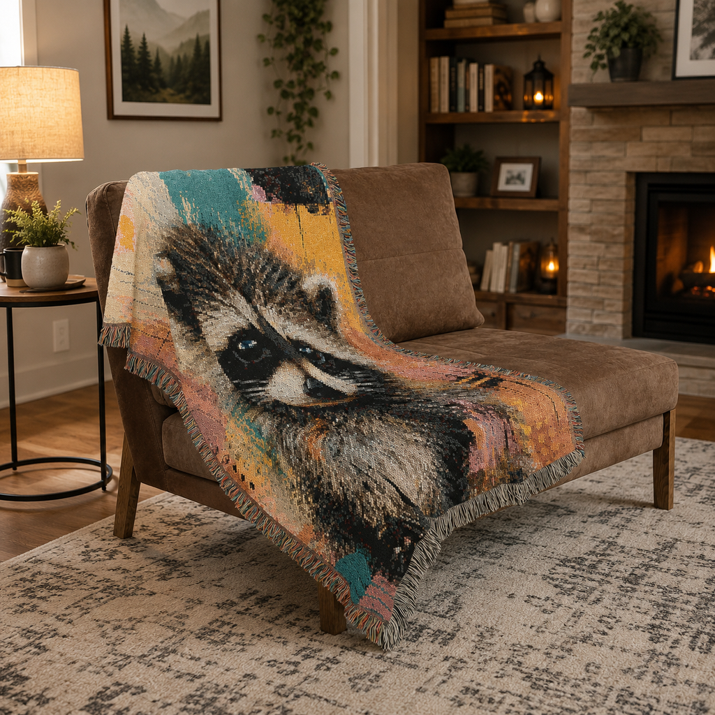 Jimothy the Raccoon Abstract Woven Throw Blanket with Fringe