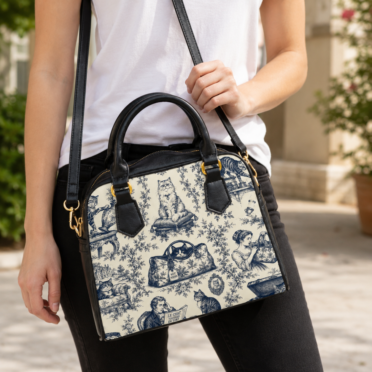 Not Yours Cat Toile Shoulder Handbag