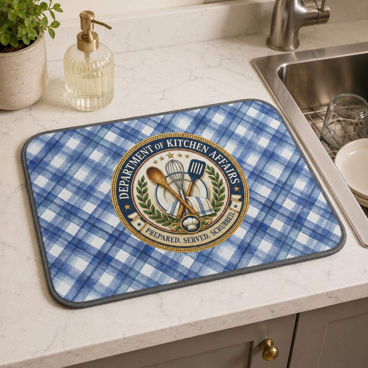 Department of Kitchen Affairs Dish Drying Mat – Blue Plaid Kitchen Counter Mat