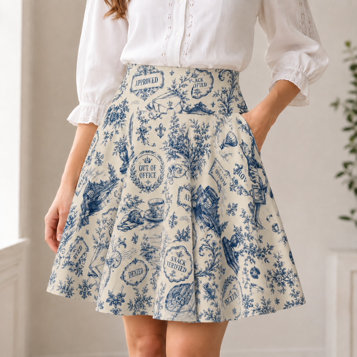 Vintage Office Toile Skater Skirt – Blue and Ivory High-Waisted Flared Skirt