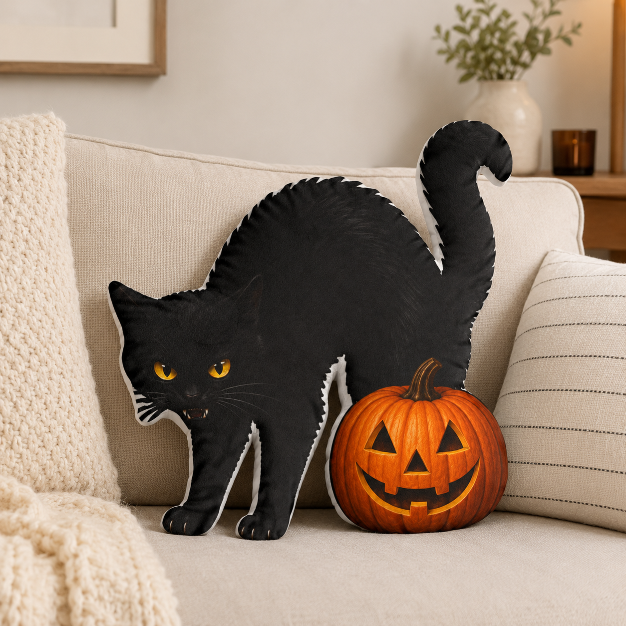 Black Cat & Jack-O’-Lantern Shaped Plush Pillow