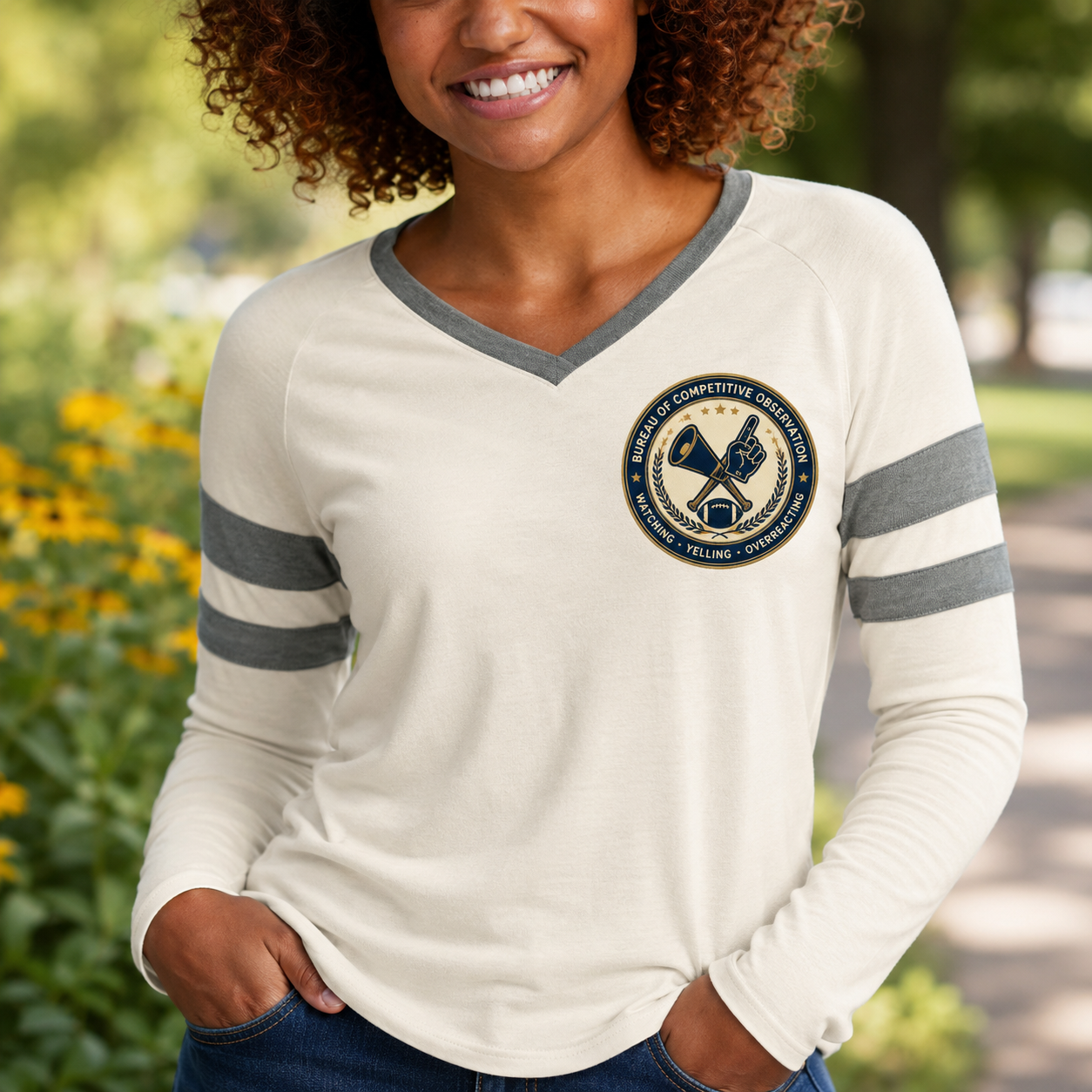 Bureau of Competitive Observation Women’s Varsity V-Neck Long-Sleeve Tee