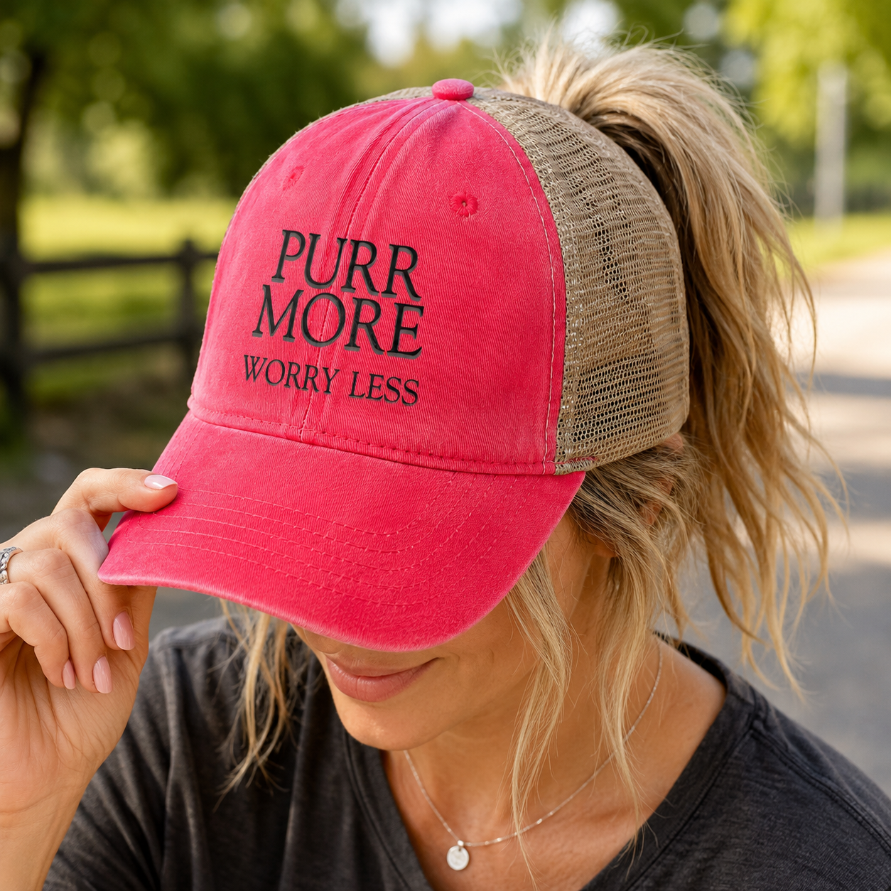 Purr More, Worry Less Women’s Ponytail Trucker Hat