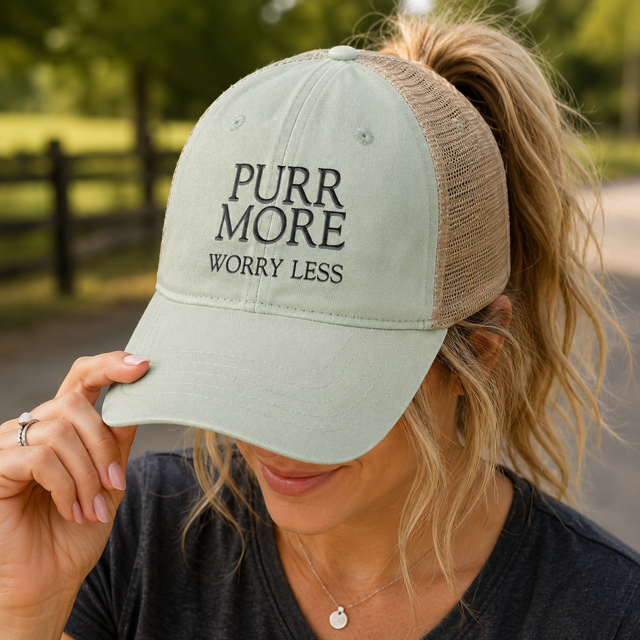 Purr More, Worry Less Women’s Ponytail Trucker Hat