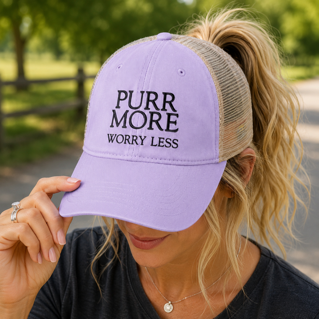 Purr More, Worry Less Women’s Ponytail Trucker Hat