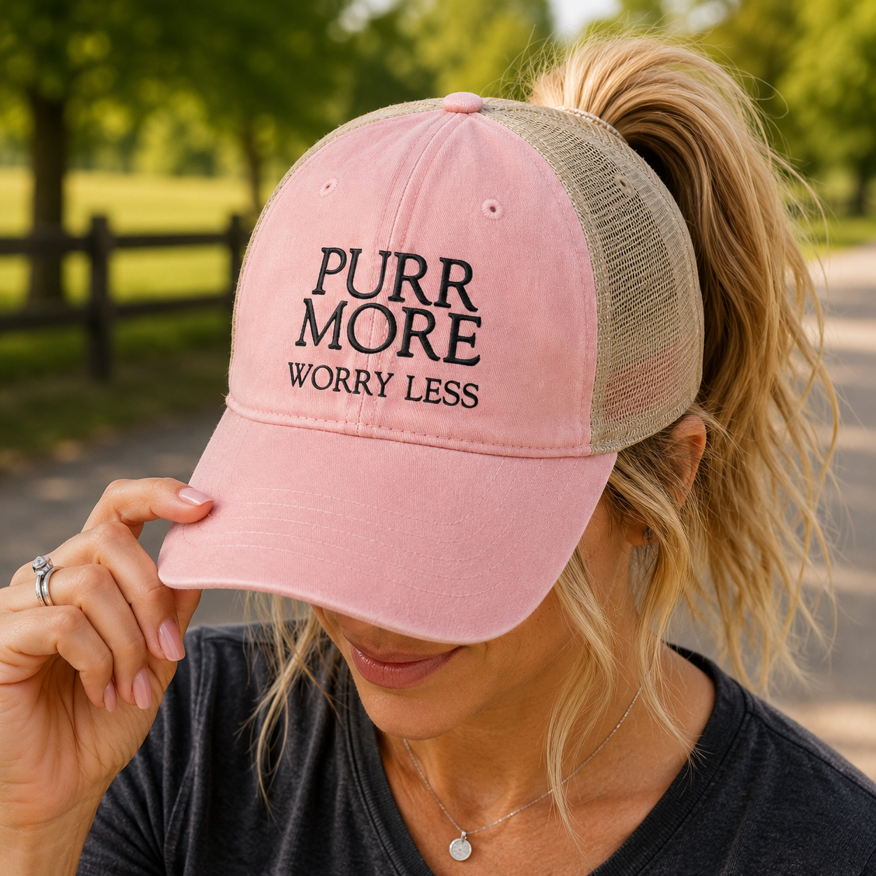 Purr More, Worry Less Women’s Ponytail Trucker Hat